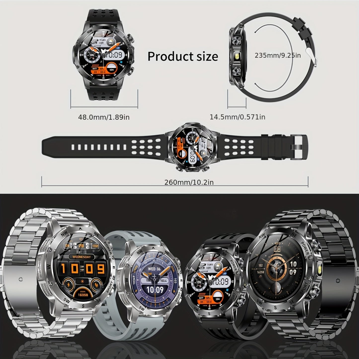 Men'S Smart Watch, Waterproof Smart Watch, Suitable for Outdoor Sports, IP68 Deep Waterproof, Waterproof Speaker, LED Flashlight, Call Answering, Music Control, 800Mah Battery, Compass, Compatible with Iphone And Android Phon