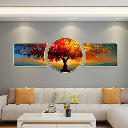 2D Flat, Three-piece Landscape Tree Wall Hanging Decoration, Waterproof Background Wall Decoration Painting, Light Luxury Style Wall Carving Decoration, Suitable for Home, Living Room, Office
