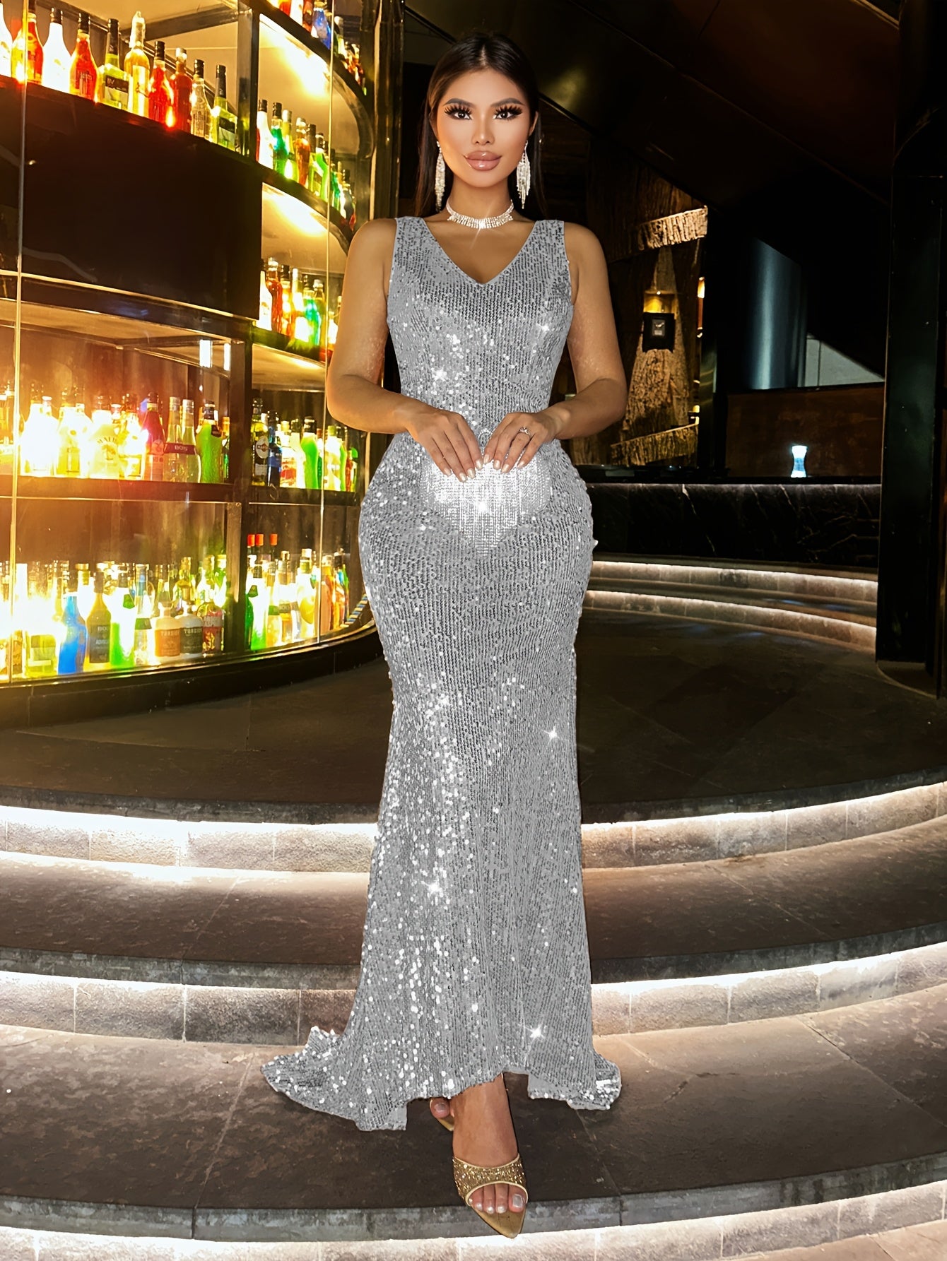 New Sequin Women's Long Dress, Gorgeous Elegant Evening Party Formal Wear Slim High-Waisted Off Shoulder Backless Bridal Wedding Guest Outfit for Travel Music Festival Banquet