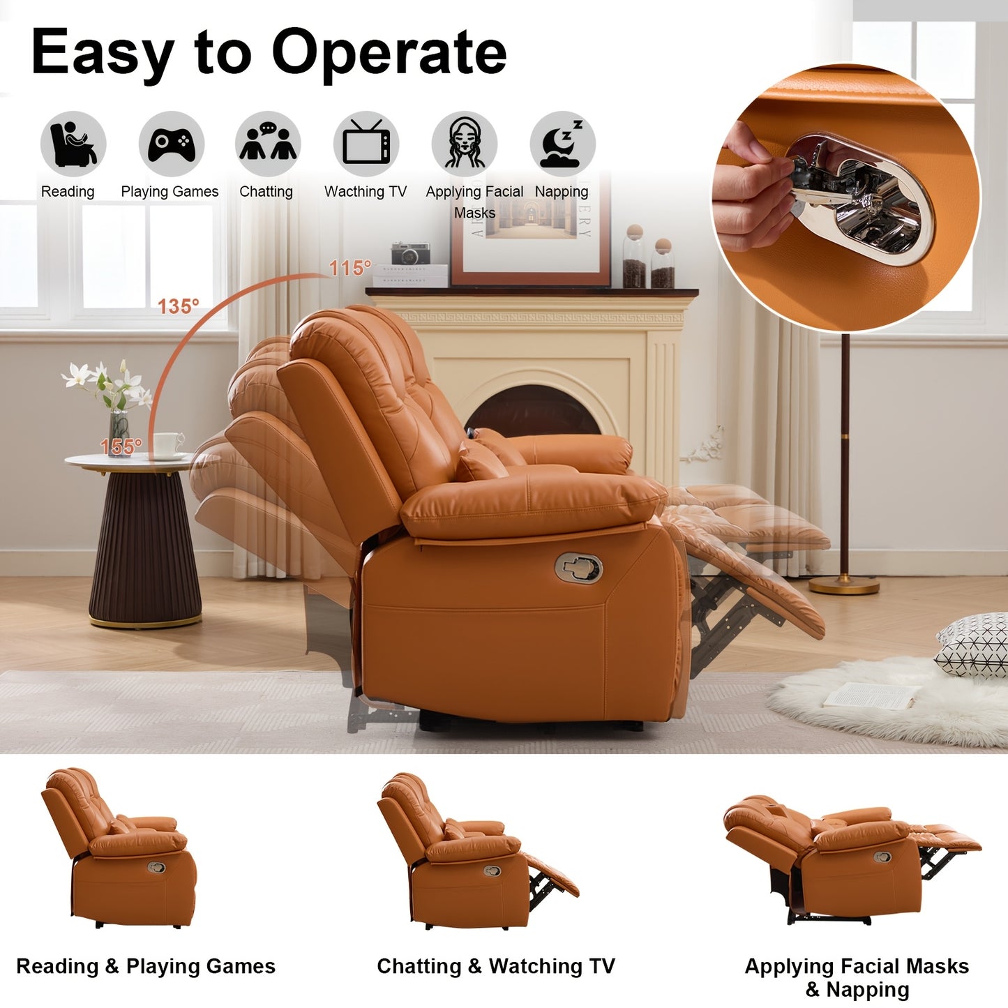 63" Brown Faux Leather Recliner Sofa with Console, Cup Holders, Lumbar Pillow & Storage Pocket - Contemporary Metal Frame Office Chair for Home or Office Use