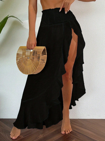 Women's Sexy Asymmetrical High Slit Beach Maxi Skirt - Lightweight Flowy Ruffle Trim, Elastic Waistband & Shirred Pleated Design, Semi-Sheer Solid Color for Summer Vacation, Poolside, or Evening Out, Beach Dresses, Poolside A