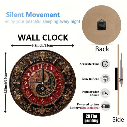 1pc Tai Chi Yin Yang Symbol Round Wall Clock - Large Easy-to-Read Face, Quiet Non-Ticking Artificial Wood Round Clock for home, Office,, Bedroom - Chinese Meditation Gift (9.8x9.8 Inch, Not Included), 2D Flat
