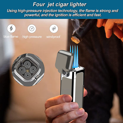 1pc Quad Direct Blow Flame Inflatable Butane Lighter | Adjustable Windproof, Metal, Ideal for Camping, Outdoor, Collections, Gifts, Birthday, Holiday Gifts