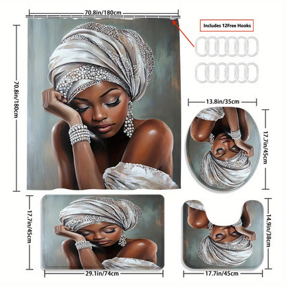 4pcs Sexy Woman Shower Curtain Set with frican Woman Portrait ( & Beaded Headwrap) - Elegant Bathroom Decor, Toilet Mat & 12 Free Hooks Included, Luxury Bath ccessories for Spa-Like Homes, Housewarming Gift for Women, Shower