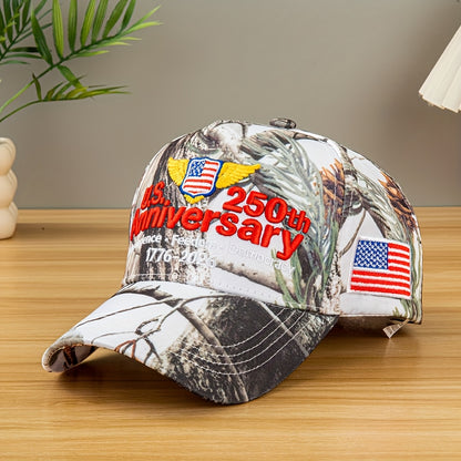 250th Anniversary Edition (1975-2025) USA Flag & Camo Baseball Cap - Unisex Adjustable Retro 3D Embroidery Hat with 250/225/200/150/125 Year Badge, Lightweight Snapback for Men & Women, July 4th Independence Day Collectible,