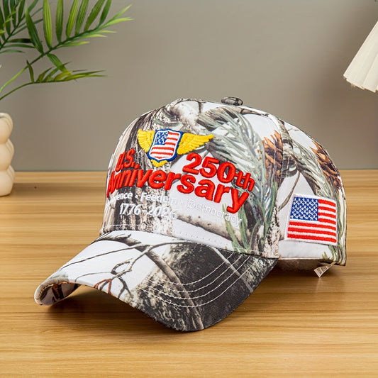 250th Anniversary Edition (1975-2025) USA Flag & Camo Baseball Cap - Unisex Adjustable Retro 3D Embroidery Hat with 250/225/200/150/125 Year Badge, Lightweight Snapback for Men & Women, July 4th Independence Day Collectible,