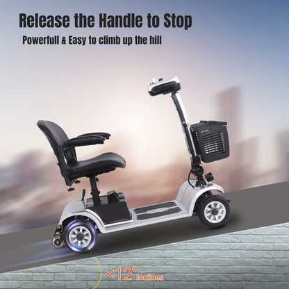 4-wheel Electric Mobility Scooter, Designed for Seniors And Individuals with Disabilities, 250W Motor, 12AH 3.73 Mph Top Speed, 12.4-mile Range, 360° Rotating Seat, LED Headlights, Detachable Battery And Basket, Foldable Des