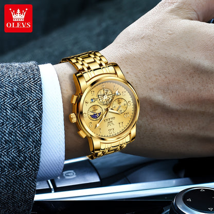 OLEVS Men's Luxury Multifunctional Quartz Watch - Stainless Steel Luminous Analog Watch with Moon Phase, Chronograph, Date/Day/24H Indicator, Golden-Tone & Bracelet for Business, Casual, Casual Attire - Dress Watch