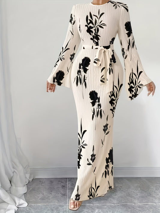 Women's Elegant Pleated Fabric Flared Long Sleeve Dress for Autumn and Winter