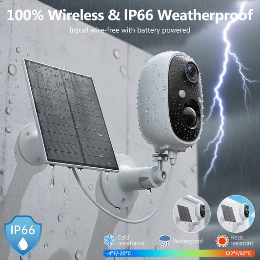 2K Solar Camera Outdoor Wireless, 2.4GWiFi Cameras for Home Security with Solar Panel, 5200mAh Battery, Spotlight Color Night Vision, AI Motion Detection, Siren Alarm, 2-Way Talk, IP66, Cloud/SD Storage EasyInstallation for H