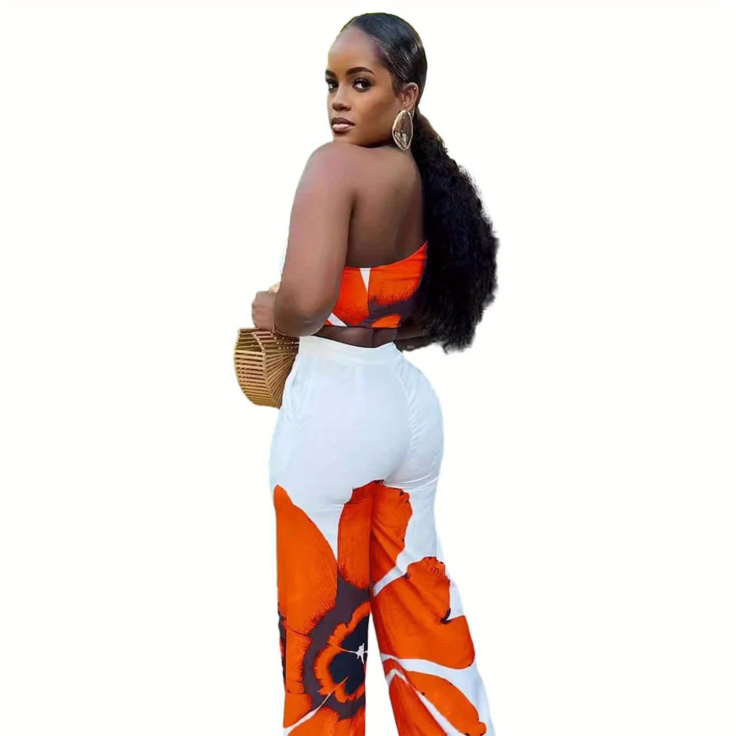 D9738 Women'S Y2K Fashion Floral Print One-Shoulder Slim Fit Wide-Leg Pants Two-Piece Set - Sexy Spring/Fall Outfit, Spring Fashion|Sleek Shoulder Design|Polyester Fabric