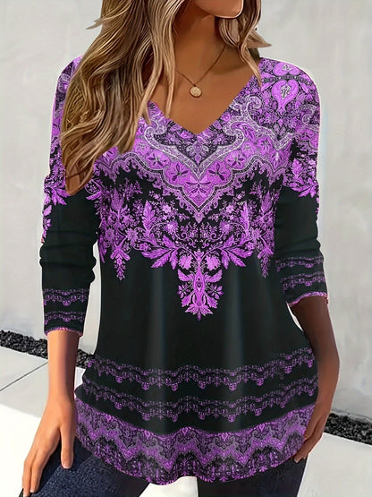 Women'S Plus Size Oversized Loose Fit Long Sleeve V-Neck T-Shirt with All-Over Floral Print - Purple & Casual Elegant Top, All-Season Comfort, Sizes 0XL-32XL, Breathable Everyday Shirt for Women