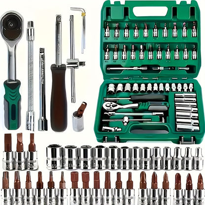 High-end Professional 53pcs Tool Set, Auto/bicycle Repair Machinery Kit, 1/2 Inch *1/4 Inch 3/8 Inch Drive Depth And Standard Wrench Set, Race-grade Auto Parts Repair Ratchet Wrench And Other Auto Repair Accessories Tool Set