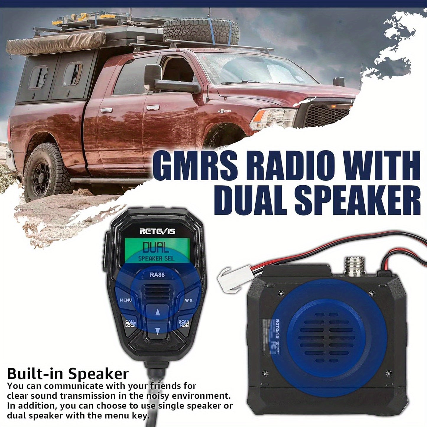 Retevis RA86 GMRS Mobile Radio with Antenna, NOAA Weather Alert, Repeater Channels, Dual Speaker, Off-Road Overlanding for JEEP Tractor Gear, Long Range Two-Way Radio with Integrated Microphone, Emergency Communication, Rugge