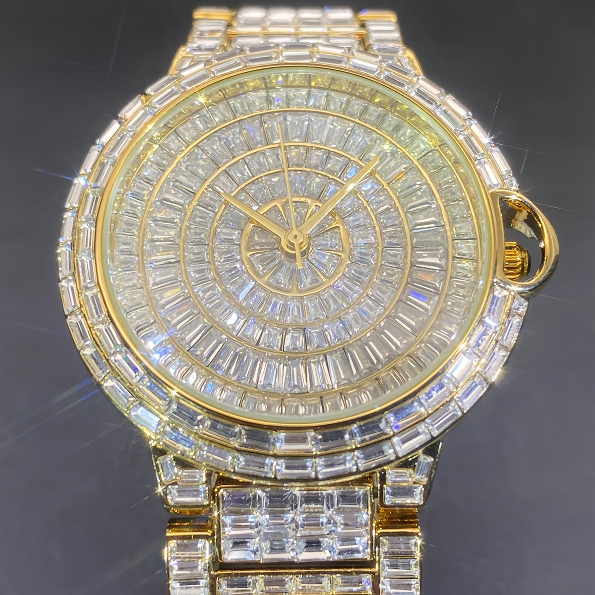 1pc PLADEN Luxury Men'S Square Ice Watch with Rhinestones, Fashion Hip-Hop Faux Faux Faux Gemstone, Round Dial, Alloy Band, Quartz Movement, Battery Operated, Water Resistant, for Party, New Year, Independence Day, Ramadan