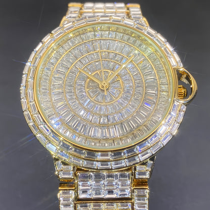 1pc PLADEN Luxury Men'S Square Ice Watch with Rhinestones, Fashion Hip-Hop Faux Faux Faux Gemstone, Round Dial, Alloy Band, Quartz Movement, Battery Operated, Water Resistant, for Party, New Year, Independence Day, Ramadan