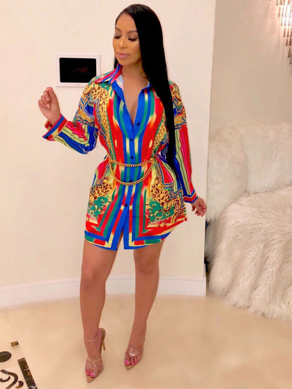 Ladies' Casual Shirt Dress with Colorful Striped Long Sleeved Shirt Dress
