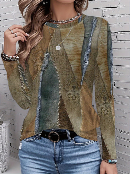 Women'S Casual Crew Neck T-Shirt with Intricate Floral Print - Short Sleeve Round Neck Top, Vibrant Green & Brown Leaf Pattern, Breathable Fabric, Spring/Fall Layering Essential for Casual & Semi-Formal Outfits, Versatile Eve