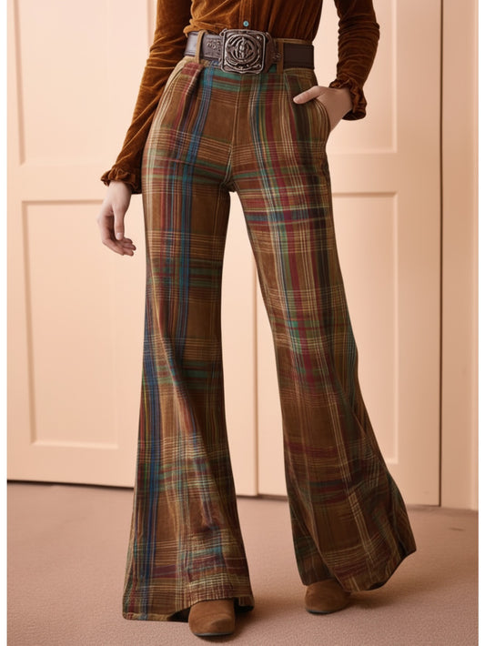 Women's Vintage 70s High-Waist Wide-Leg Flared Bell-Bottom Pants - Brown Plaid (with Multicolor Waidth) - Non-Stretch Retro Trousers for 70s Costume Parties, Daily Wear &
