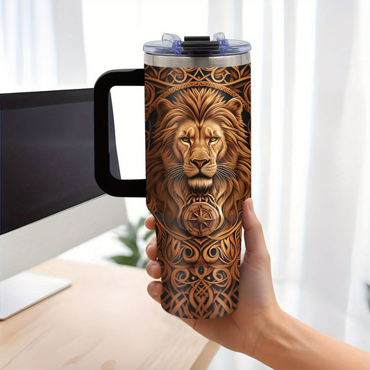 1pc, Humorous Gift, Birthday Insulated Cup, Son, Men'S Best Gift Lion Design Boy, Men'S 40oz Coffee Cup with Handle Lid and Straw, Outdoor, Deal, Outdoor Sports, Sports Water Bottle