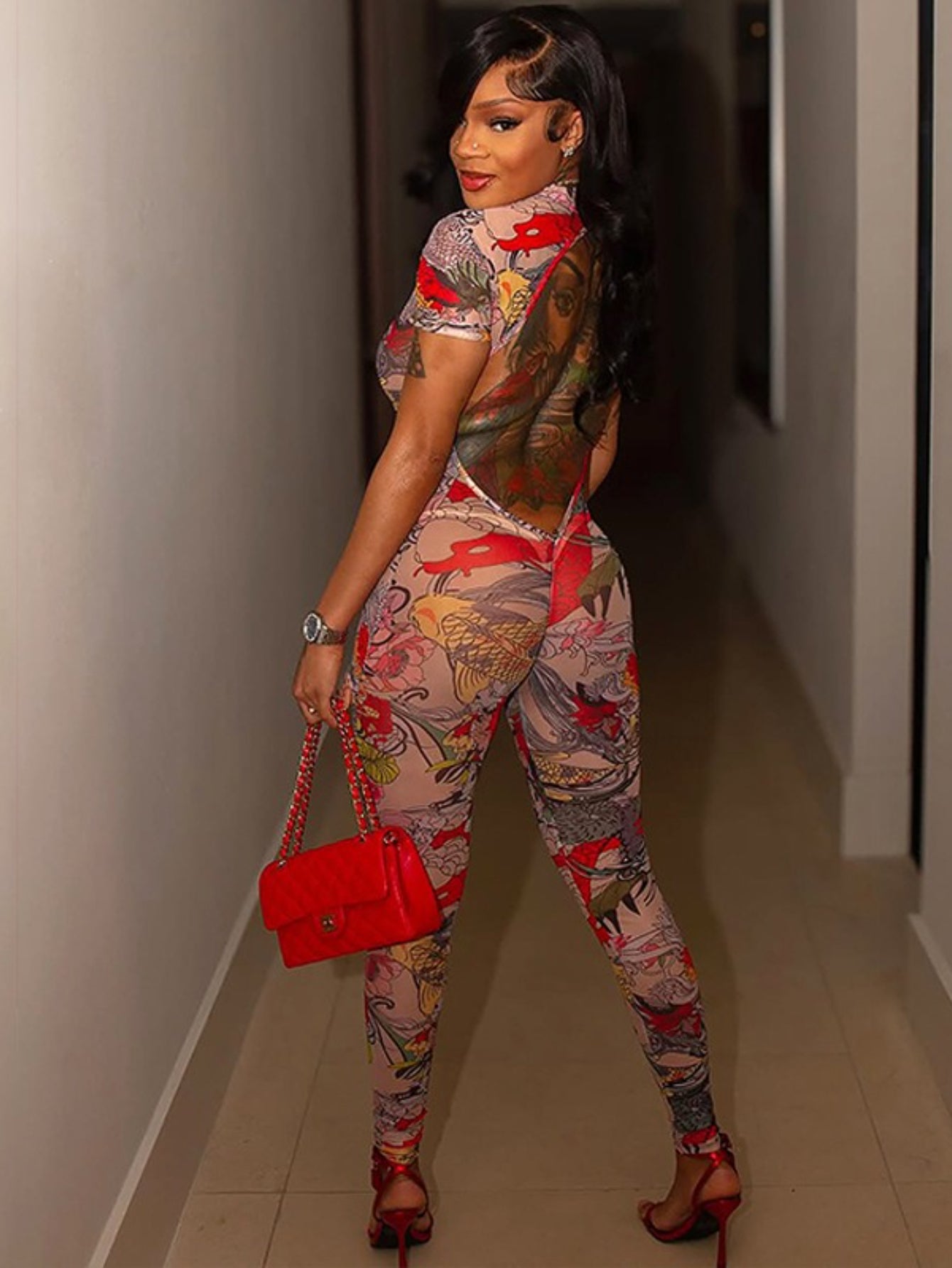 Women'S All-Over Print High-Neck Short Sleeve Jumpsuit - Slim-Fit See-Through Backless Bodysuit with Animal & Abstract Patterns, All-Season Elegant Party & Casual Outfit, Comfortable Stretch Fabric for Year-Round Wear (No Lin