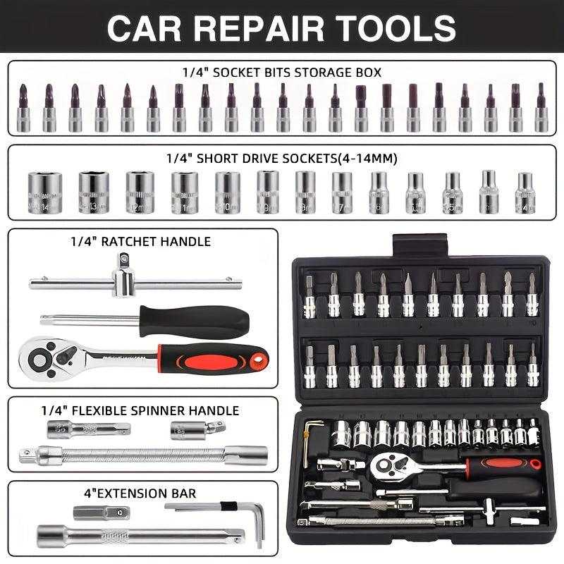 High-end Professional 45+1/44+2pcs Tool Set, Auto/bicycle Repair Machinery Kit, 1/2 Inch *1/4 Inch 3/8 Inch Drive Depth And Standard Wrench Set, Race-grade Auto Parts Repair Ratchet Wrench And Other Auto Repair Accessories To