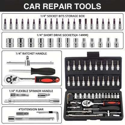 High-end Professional 45+1/44+2pcs Tool Set, Auto/bicycle Repair Machinery Kit, 1/2 Inch *1/4 Inch 3/8 Inch Drive Depth And Standard Wrench Set, Race-grade Auto Parts Repair Ratchet Wrench And Other Auto Repair Accessories To