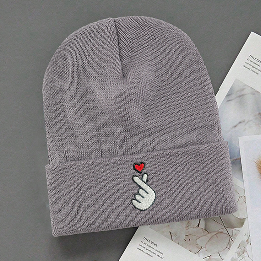 3-Pack White/Grey/Black Beanie Hats with Heart & Thumbs Up Hands Logo - Lightweight Stretch Winter Caps for Men & Women, Unisex Foldable Warm Beanies for Skiing, Outdoor Activities, Parties (Easy-Care, One Size Fits All)