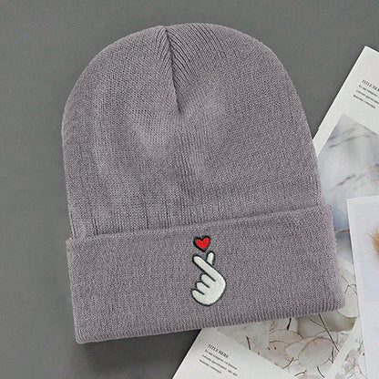 3-Pack White/Grey/Black Beanie Hats with Heart & Thumbs Up Hands Logo - Lightweight Stretch Winter Caps for Men & Women, Unisex Foldable Warm Beanies for Skiing, Outdoor Activities, Parties (Easy-Care, One Size Fits All)