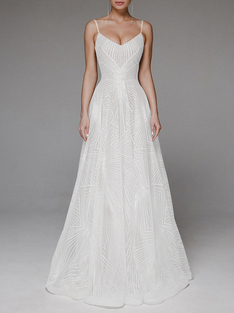Geometric Beaded Spaghetti Strap V-Neck Flared Wedding Dress, Lightweight Tulle Fitted Gown, Simple and Elegant Style