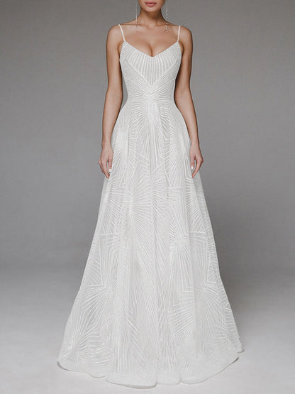 Geometric Beaded Spaghetti Strap V-Neck Flared Wedding Dress, Lightweight Tulle Fitted Gown, Simple and Elegant Style