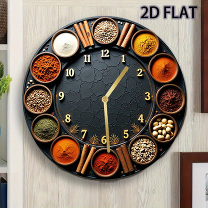 8-Inch Silent Round Wall Clock with Spice & Seasoning Holder - Acrylic Quartz Movement Kitchen Clock with Multicolor Spice Display (Cinnamon, Turmeric, Chili, Peppercorns) & Golden Hands - Battery-Powered (AA Not Included) fo