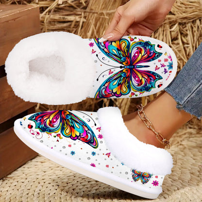 Women's Plush Butterfly Print Slip-On Slippers with Non-Slip Rubber Sole - Cozy Plush Indoor/Outdoor House Shoes, Winter Warm & Butterfly Wing Design (Pink/Blue/Purple/Green/Yellow) - Butterfly-Themed Gift for Grandma, Mom,