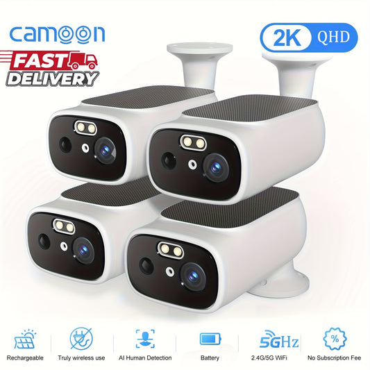 Camoon 5MP Solar Security Cameras Wireless Outdoor, 2.4/5Ghz WiFi Surveillance Outdoor Camera For Home Security With Embedded Solar Panel, Color Night Vision, 2-Way Talk, Optional Subscription For AI Recognition Of People/car
