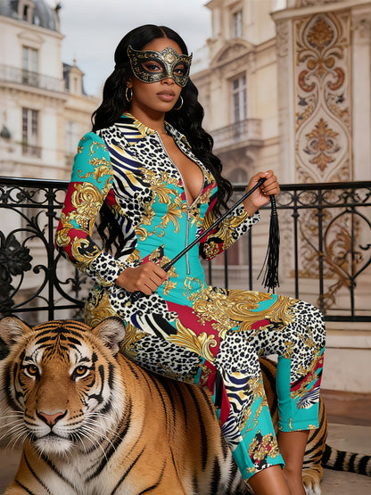 Ladies' Four-season Long-sleeved Sexy Jumpsuit, Front Zipper Design, Light Style, Fashionable Full-print, Perfect for Daily Outings and Casual Wear, Fashionable and Sexy Outfit
