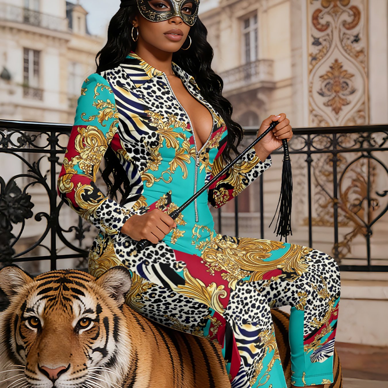 Ladies' Four-season Long-sleeved Sexy Jumpsuit, Front Zipper Design, Light Style, Fashionable Full-print, Perfect for Daily Outings and Casual Wear, Fashionable and Sexy Outfit