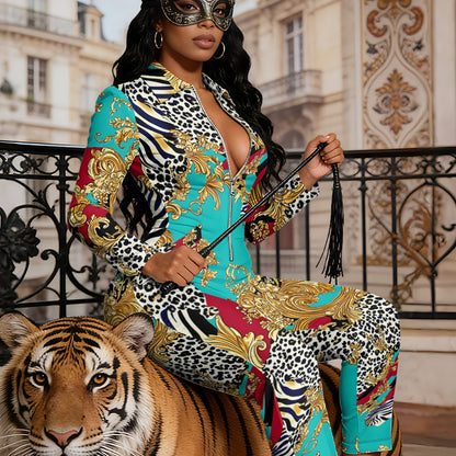 Ladies' Four-season Long-sleeved Sexy Jumpsuit, Front Zipper Design, Light Style, Fashionable Full-print, Perfect for Daily Outings and Casual Wear, Fashionable and Sexy Outfit