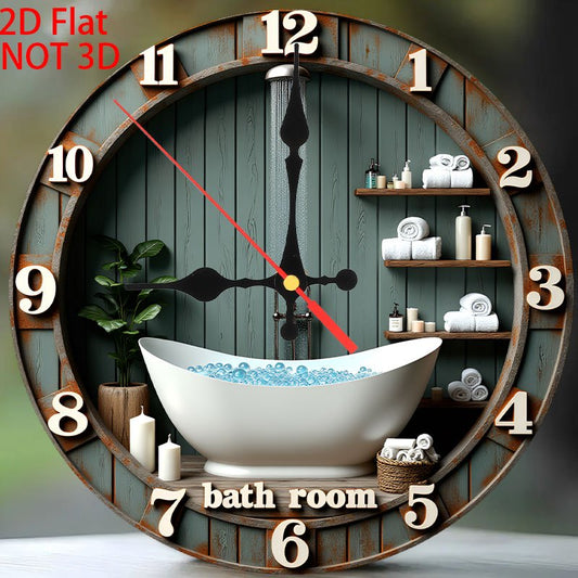 2D flat printing, retro silent wall clock for room decoration, "Relaxing Bath Time: Essential bathroom Supplies", 10 inches, non-luminous, wooden quartz design, suitable for Halloween and Christmas, home/cafe/wall art decorat