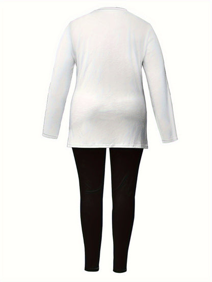 Women's Round Neck Printed Slit Long Sleeve Top& Long Pants Set- Casual Loungewear Outfit