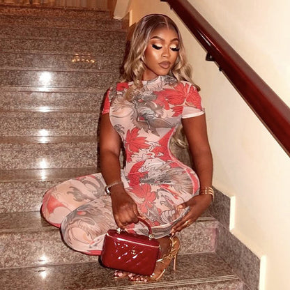 European and American Style Personality Women's Floral Print Pattern Jumpsuit Slim Fit Waist-Cinching Long Jumpsuit Trendy