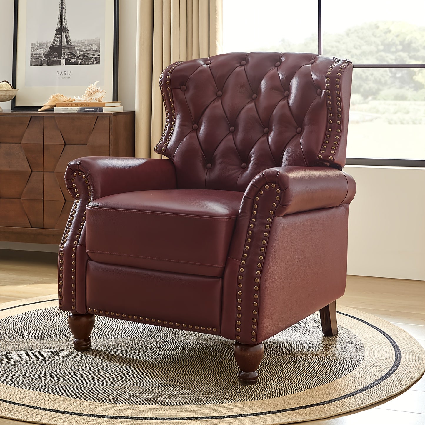 Genuine Leather Recliner Chair - Manual Push Back Recliner Sofa w/ Solid Hardwood Legs, Brown Luxury Living Room Armchair, Easy Assembly Non-Electric Recliner for Home Theater & Reading Nook - Durable Leather Upholstery, Soph