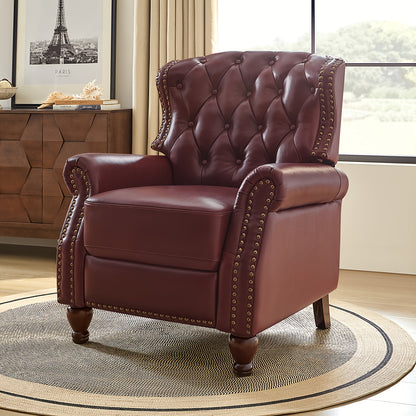 Genuine Leather Recliner Chair - Manual Push Back Recliner Sofa w/ Solid Hardwood Legs, Brown Luxury Living Room Armchair, Easy Assembly Non-Electric Recliner for Home Theater & Reading Nook - Durable Leather Upholstery, Soph