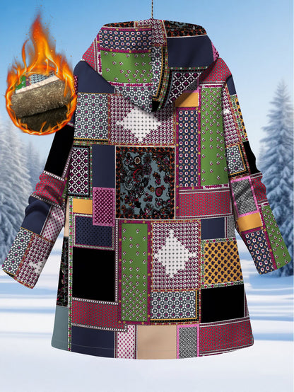 Women'S Cozy Fleece-Lined Hooded Jacket - Geometric Pattern Mid-Length Winter Coat with Pockets, Brown & Multicolor Design, Casual Style for Fall/Winter, Winter Coat