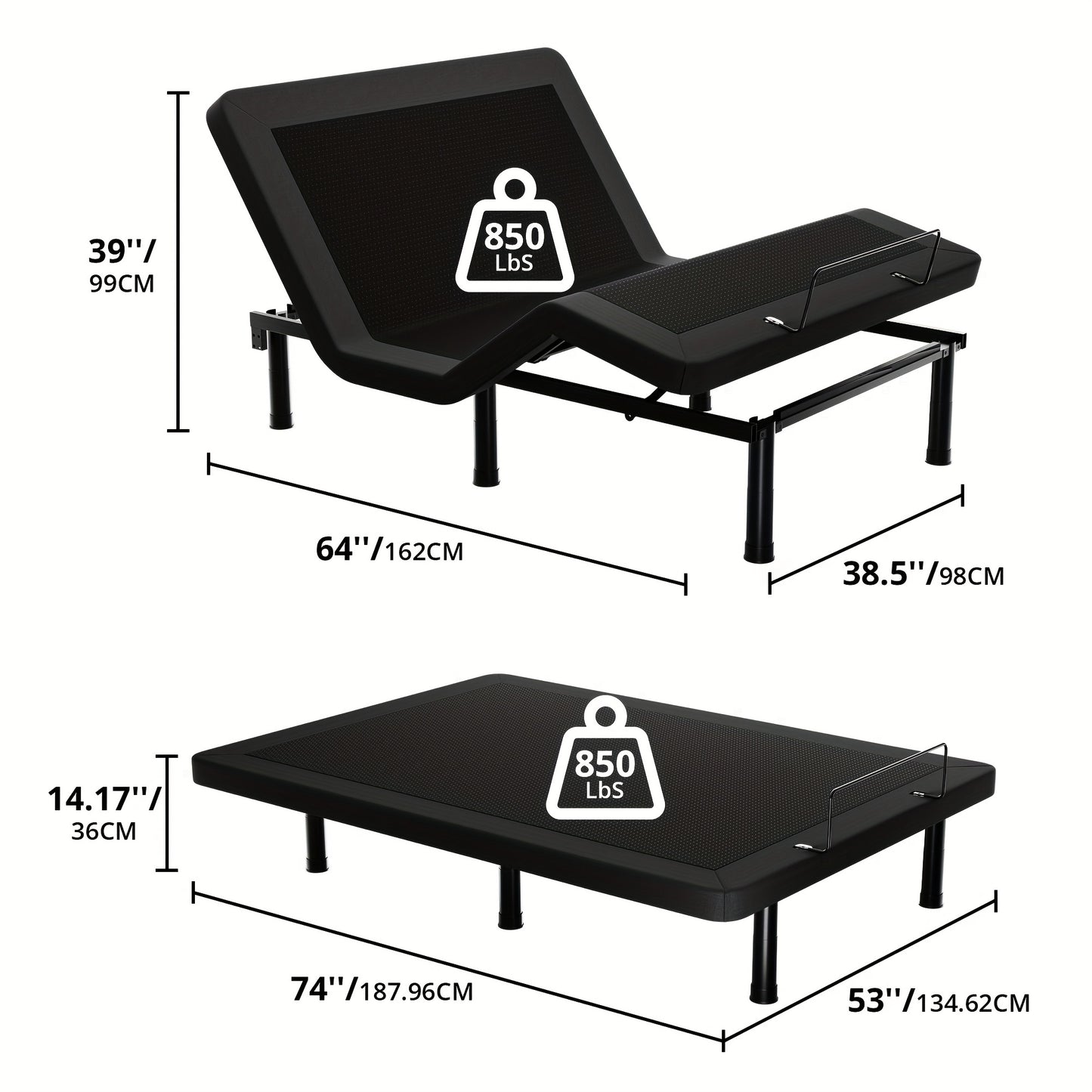 SmileBack Adjustable Bed Frame With Wireless Remote, Electric Bed Frame, Head And Foot Incline, Adjustable Leg Heights Bed Base