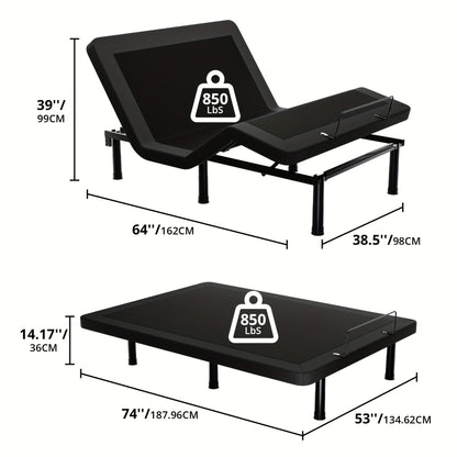 SmileBack Adjustable Bed Frame With Wireless Remote, Electric Bed Frame, Head And Foot Incline, Adjustable Leg Heights Bed Base