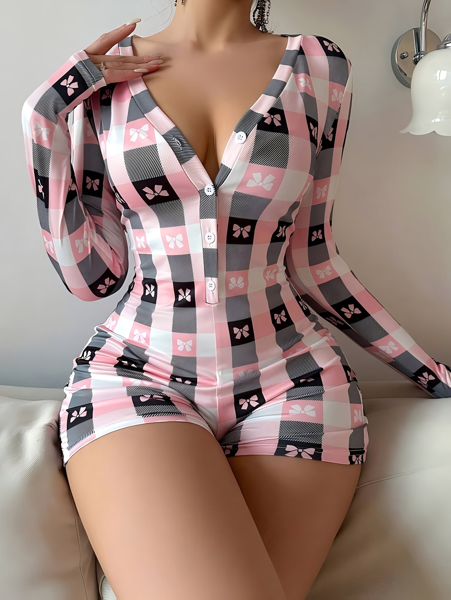 Women'S Shorts Jumpsuit with a Bow Print, Alluring Design Featuring a Deep V-Neck And Long Sleeves, Perfect for Casual Home Wear Or Street Outings, Ideal for a Feminine Date, Trendy Street Outfit.