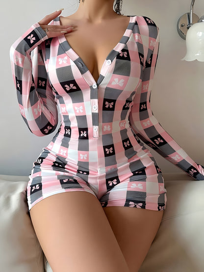 Women'S Shorts Jumpsuit with a Bow Print, Alluring Design Featuring a Deep V-Neck And Long Sleeves, Perfect for Casual Home Wear Or Street Outings, Ideal for a Feminine Date, Trendy Street Outfit.