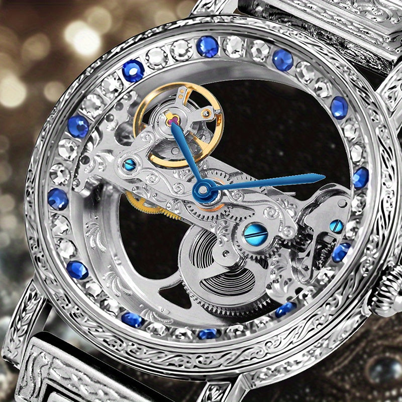 1pc Youth Men's Silvery Steel Strip Gorgeous Style Exquisite Double sided Hollow Perspective Fully Automatic Mechanical Watch