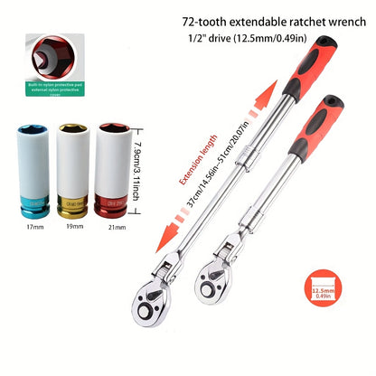 4pcs wheel hub protection hexagonal deep socket/ratchet wrench set, 1/2" drive, metric 17, 19, 21mm wheel guard six-point deep socket, 1/2" oscillating and telescopic ratchet wrench, automotive wheel hub nut tightening tool