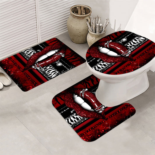 Sexy Red Lips Print 4pcs Bathroom Set with 12 Hooks - High Quality Shower Curtain, Anti-Slip Bath Mat, Toilet Cover & U-Shaped Carpet - Glitter Accent Black & Red Design, Machine Washable Luxury Bath Decor for Modern Homes